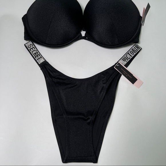 Victoria Secret 32C S Bombshell Push Up Top Bikini Set Shine Strap LOGO Black - Picture 5 of 15